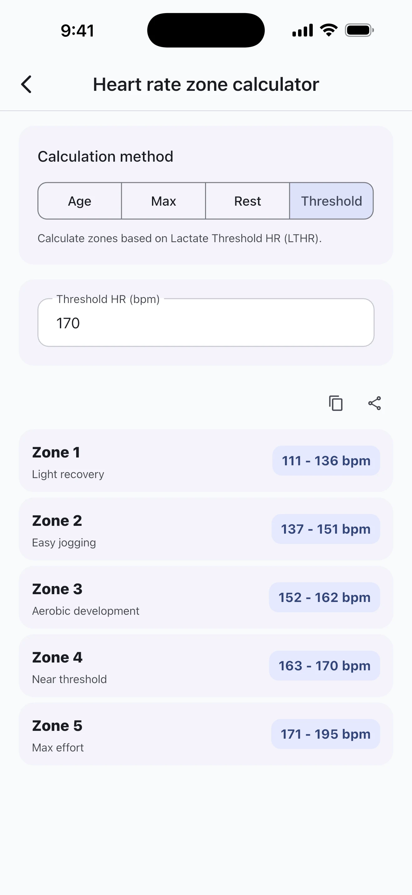 Pace Lab heart rate zone calculator screen