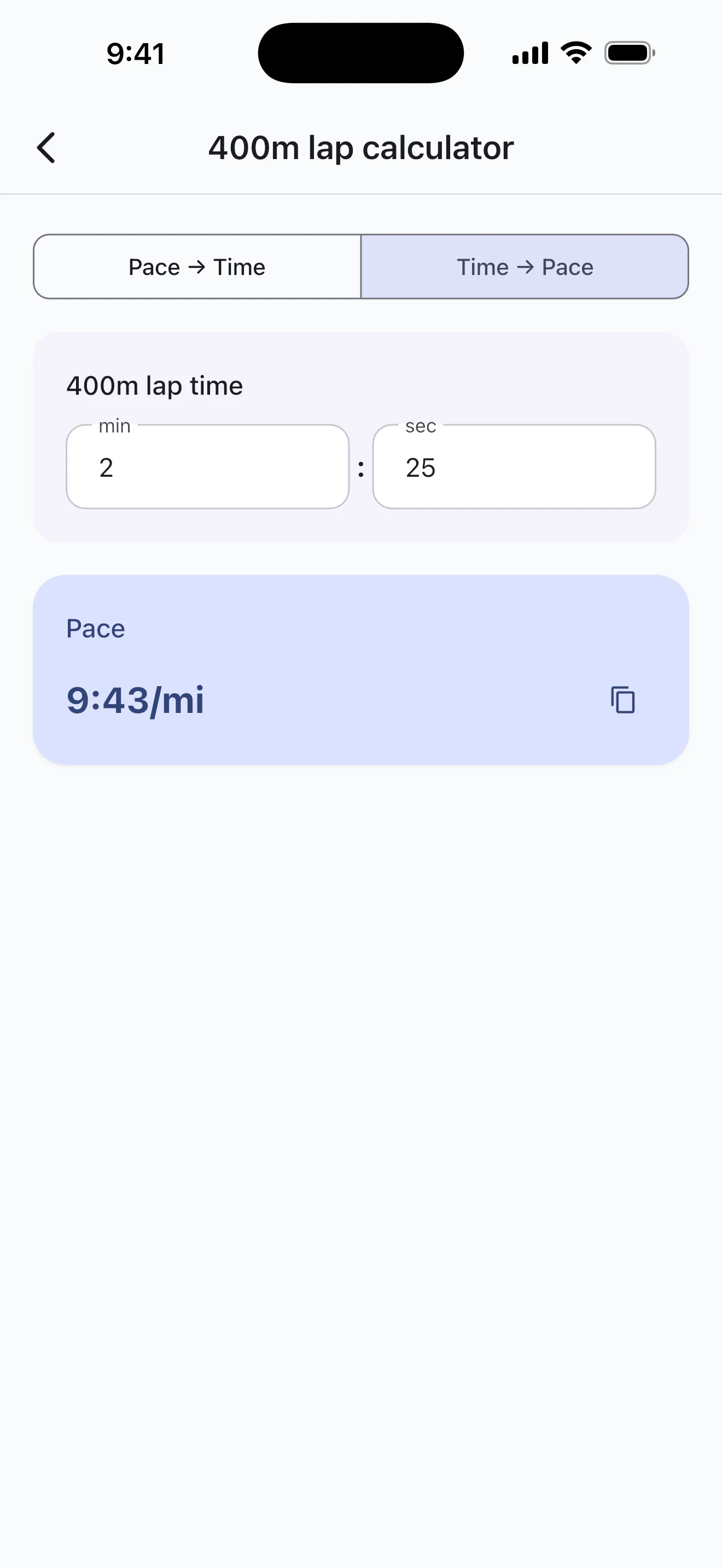Pace Lab 400m lap calculator screen