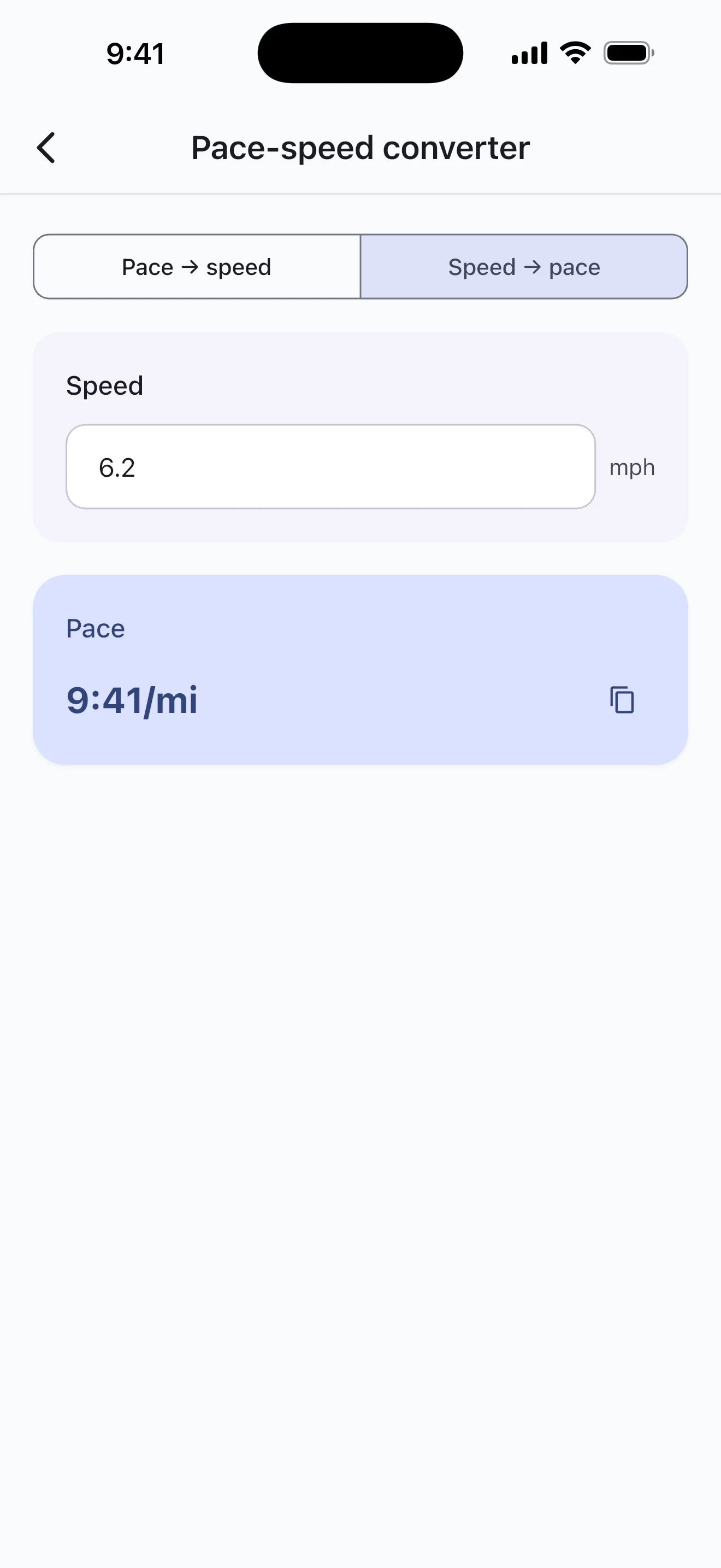 Pace Lab pace-speed converter screen
