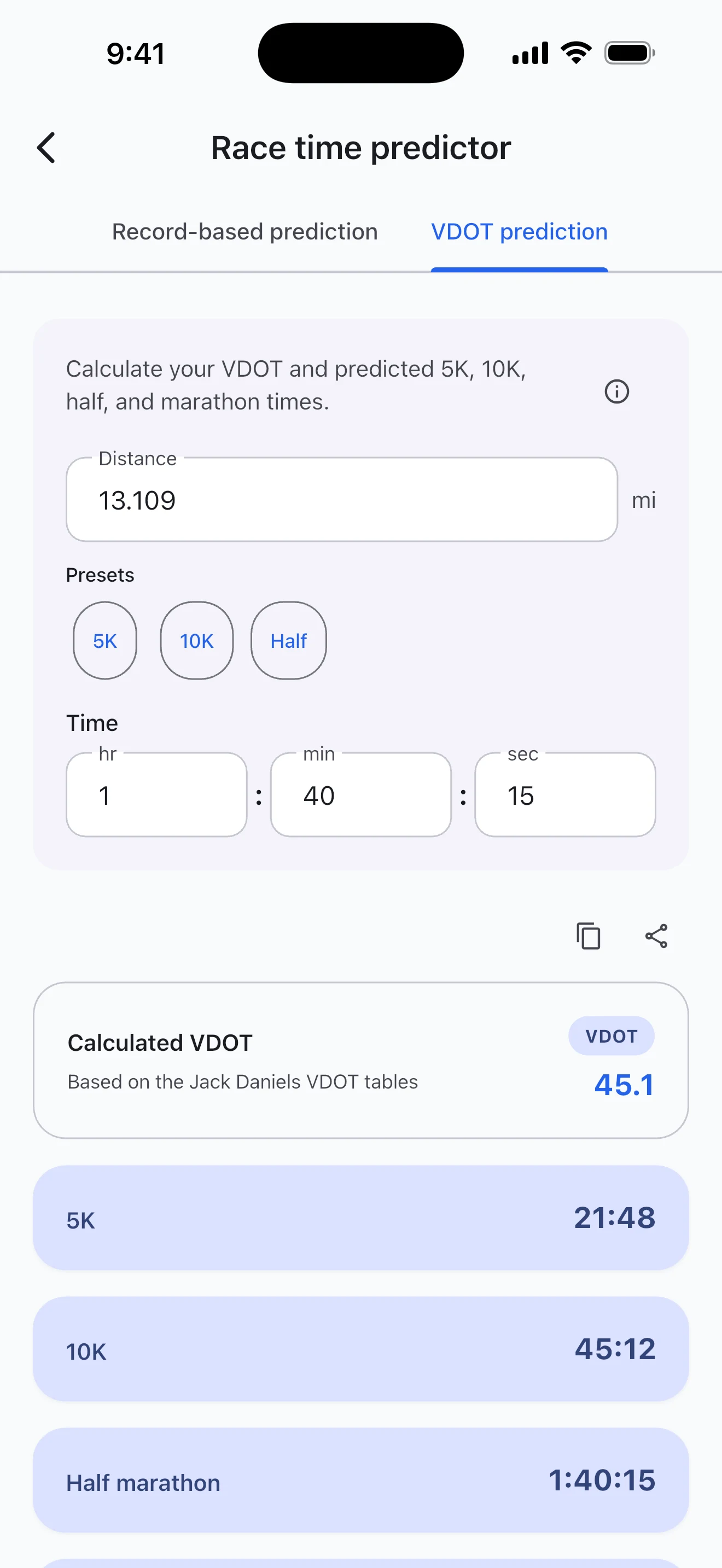 Pace Lab race time predictor screen